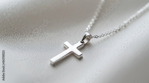A simple silver necklace with a cross pendant on a white surface.