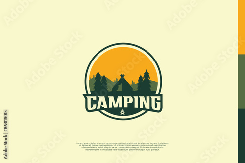 Round badge camp logo design. Adventure concept retro style