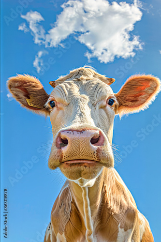 Close-up of a cow's face against a blue sky... © Yaroslav