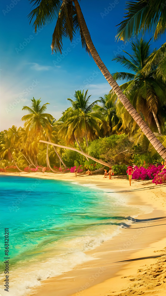 Fototapeta premium Summer beach scene with a wooden bridge, vibrant flowers lining the path