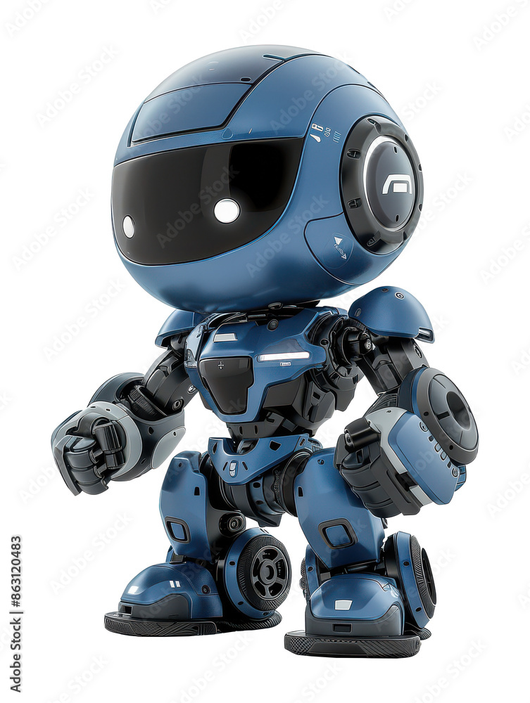 Modern Blue and Black Robot with White Eyes, Intricate Mechanical Design, and Futuristic Appearance. Modern Blue and Black Robot with White Eyes, Intricate Mechanical Design, and Futuristic Appearance.
