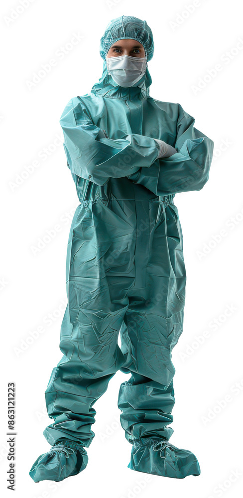 Professional Medical Worker in Full Teal Protective Gear, Mask, and Gloves, Standing Confidently. Professional Medical Worker in Full Teal Protective Gear, Mask, and Gloves, Standing Confidently.