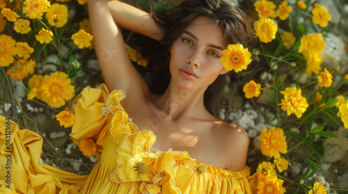 sensual woman in long yellow dress and flowers