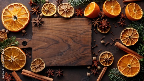 A rustic wooden board arranged with dried orange slices, star anise, cinnamon sticks, and evergreen branches, creating a warm and cozy atmosphere perfect for the holidays.