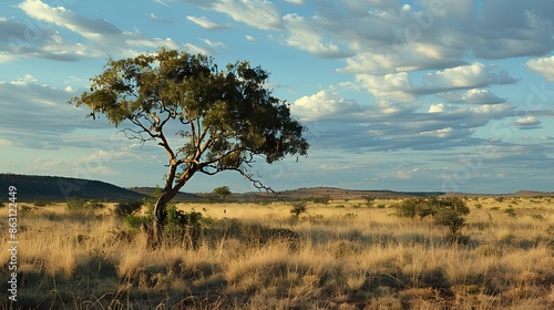 A photo of an outback tree in the Australian Outback, with sparse grasses and small bushes around it, taken during daylight hours with a cloudy sky. In the background are vast flat plains with low hil