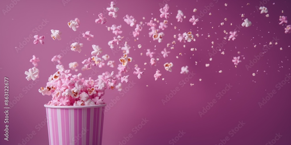 Obraz premium A box of popcorn on left side of the composition on a purple background, banner space for text on the canvas