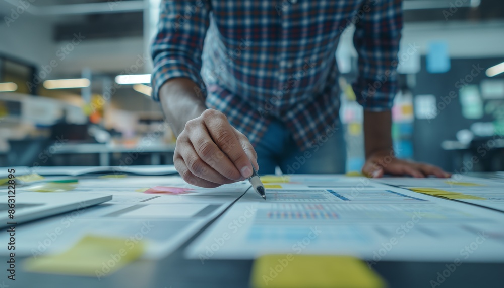 Close-up of a person's hand pointing at financial charts and data on a paper-strewn desk Close-up of a person's hand pointing at financial charts and data on a paper-strewn desk