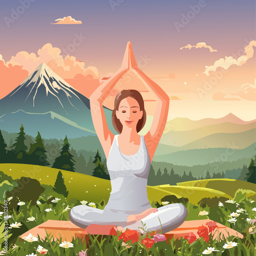 Woman doling meditation yoga at nature mountain in beautiful sunset.  Vector illustration
