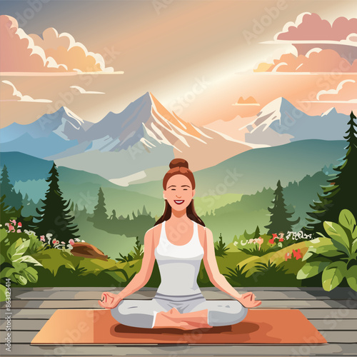 Woman doling meditation yoga at nature mountain in beautiful sunset.  Vector illustration