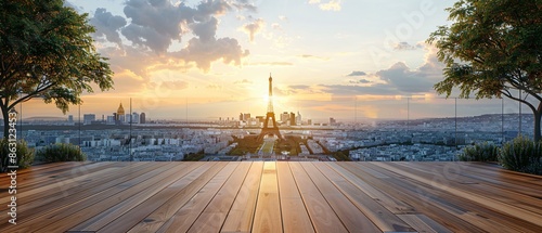 Parisian Product Showcase Elegant Wooden Table with Iconic Landmarks Backdrop