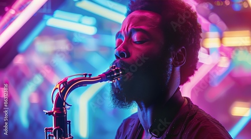 Saxophone Player Performing Under Colorful Stage Lights