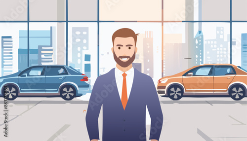 car salesman stand near new modern auto, inside dealership showroom. Vector illustration