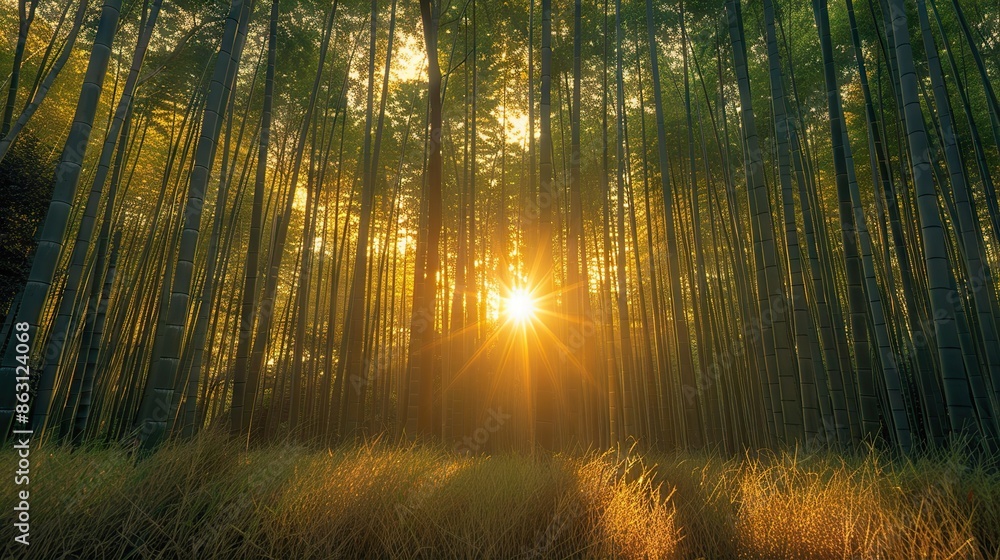 Fototapeta premium Serene Dawn in Arashiyama Bamboo Grove, Kyoto - Ethereal Sunbeams Piercing Verdant Canopy