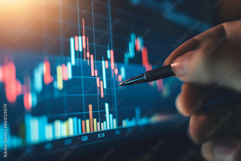 Technical analysis in stock market concept, financial data and graph analysis, hand holding a pen pointing to an upward trending stock graph Technical analysis in stock market concept, financial data and graph analysis, hand holding a pen pointing to an upward trending stock graph