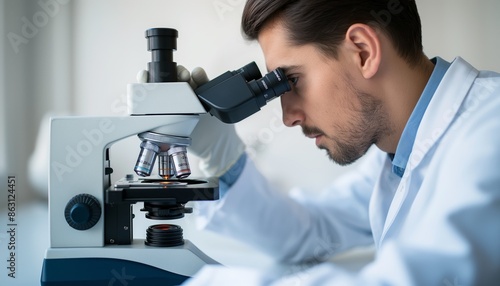 Close-up shot of a male scientist meticulously examining a specimen through a laboratory microscope