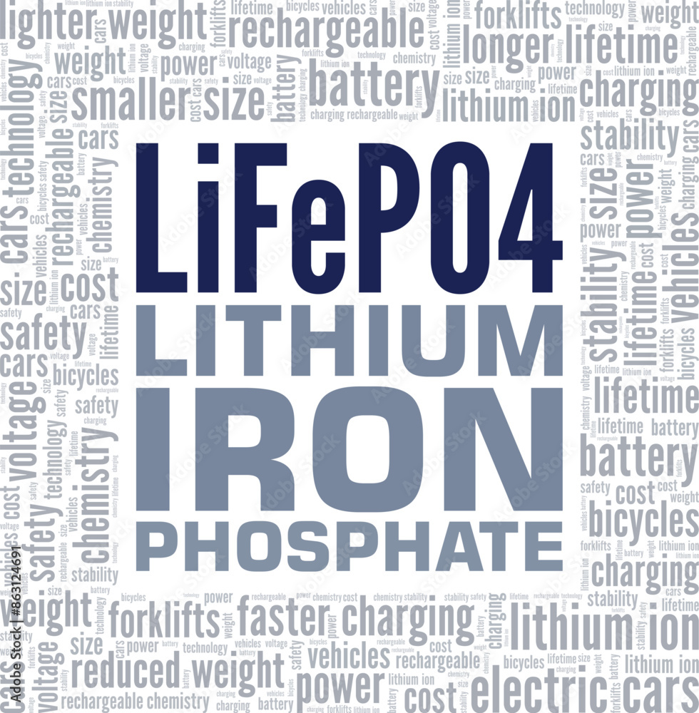 Obraz premium Lithium Iron Phosphate LiFePO4 word cloud conceptual design isolated on white background.