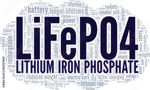 Lithium Iron Phosphate LiFePO4 word cloud conceptual design isolated on white background.