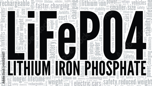 Lithium Iron Phosphate LiFePO4 word cloud conceptual design isolated on white background.