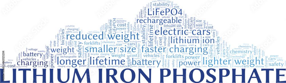Obraz premium Lithium Iron Phosphate LiFePO4 word cloud conceptual design isolated on white background.