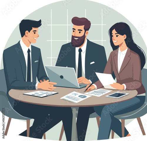 Partners meeting for business discussion with documents and laptop on desk. Couple at round table, speaking, discussing work, partnership. Flat vector illustration isolated on white background