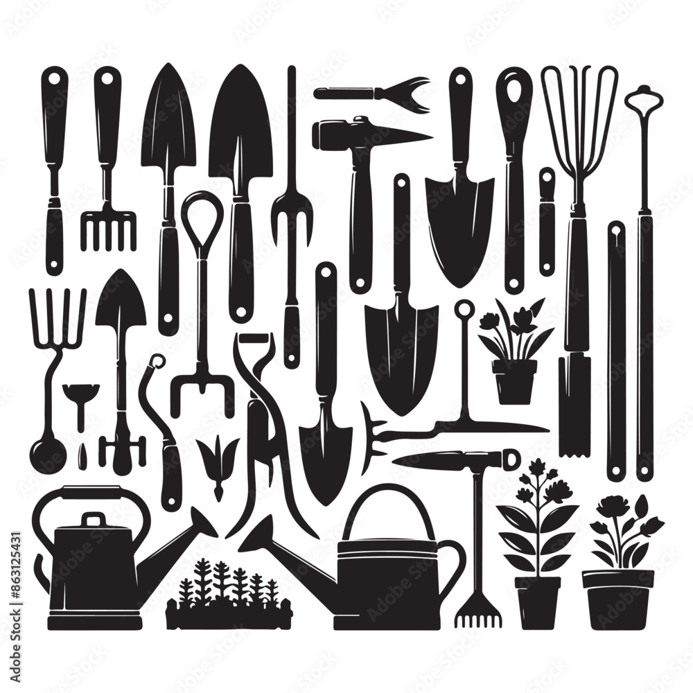 Black silhouettes of garden tools on a white background Black silhouettes of garden tools on a white background
