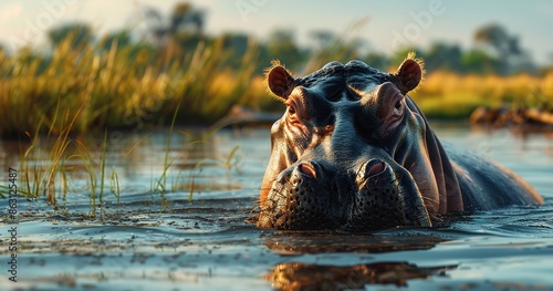 Hippopotamus Emerging From Water at Sunset in Africa
