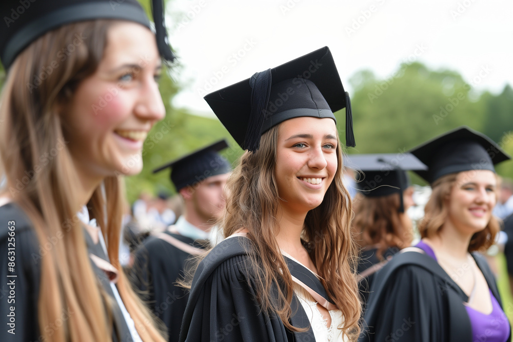 In the heart of a sunlit campus courtyard, a diverse group of students clad in elegant graduation gowns stands proudly, their expressions a blend of joy and accomplishment. In the heart of a sunlit campus courtyard, a diverse group of students clad in elegant graduation gowns stands proudly, their expressions a blend of joy and accomplishment.