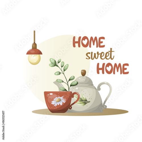 Cozy home illustration teapot cup