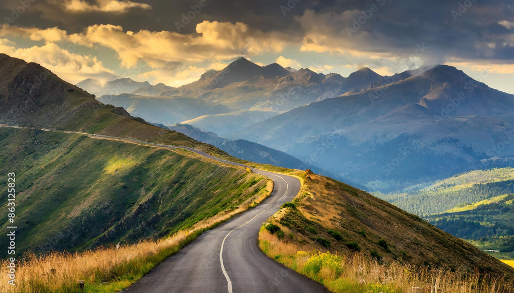 A winding road meanders through rolling hills under a dramatic sky, leading towards towering mountain peaks in the background, creating a breathtaking natural landscape. A winding road meanders through rolling hills under a dramatic sky, leading towards towering mountain peaks in the background, creating a breathtaking natural landscape.