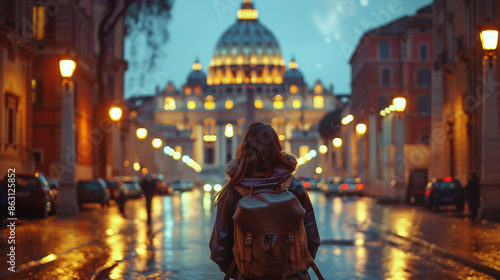 Fototapeta Naklejka Na Ścianę i Meble -  A woman walks the streets of Rome with a backpack