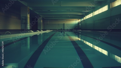 Serene capture of an abandoned indoor synchronized swimming pool, the still waters reflecting the soft glow of underwater lights, swim caps arranged neatly on the poolside © WashiNgtona