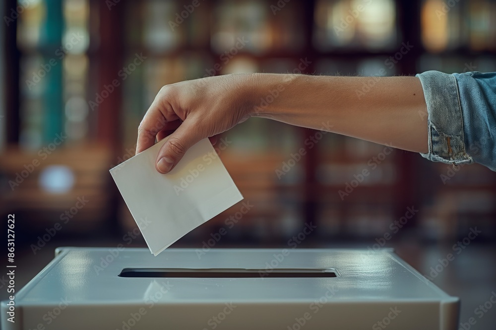 A person in a denim jacket casts a vote by placing a white ballot paper into a ballot box inside a polling station, highlighting the democratic process in action. A person in a denim jacket casts a vote by placing a white ballot paper into a ballot box inside a polling station, highlighting the democratic process in action.