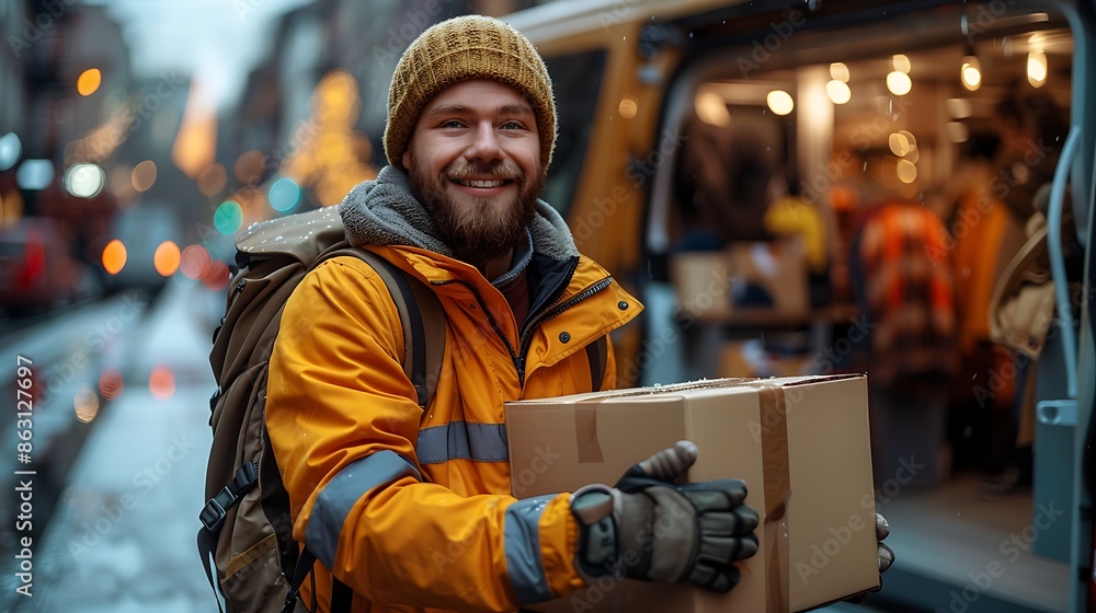 delivery man with parcel box over truck on street background delivery service delivery man with parcel box over truck on street background delivery service