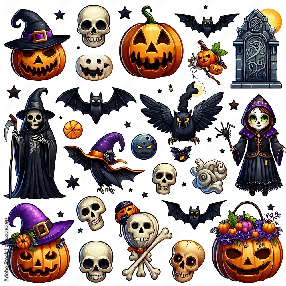 Collection set of Halloween decorations element on white background, graphic illustration image generative ai Collection set of Halloween decorations element on white background, graphic illustration image generative ai