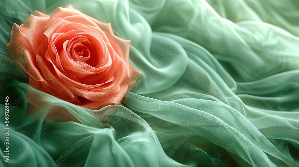 A rose resting on a green-pink fabric bedtop A rose resting on a green-pink fabric bedtop