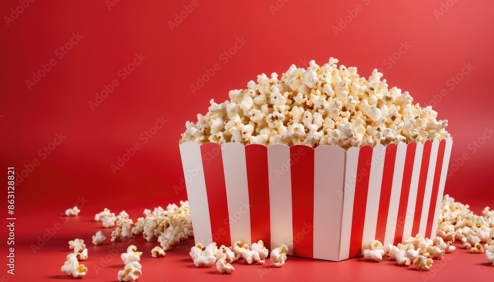 A box of popcorn on left side of the composition on a red background, banner space for text on the canvas A box of popcorn on left side of the composition on a red background, banner space for text on the canvas