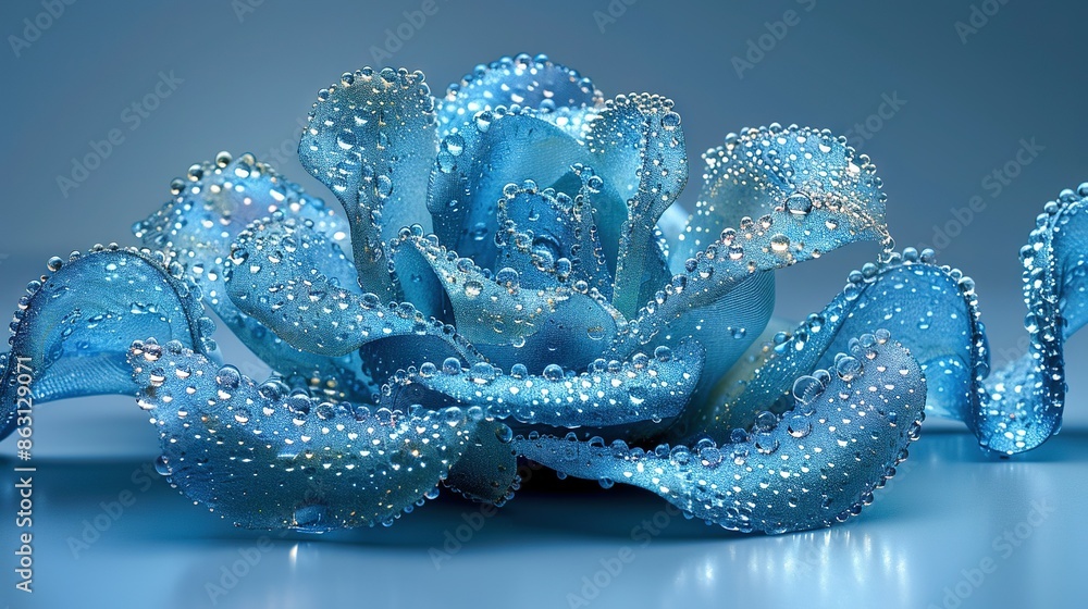 A close-up of a blue flower with water droplets on it against a blue backdrop A close-up of a blue flower with water droplets on it against a blue backdrop