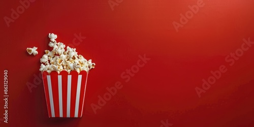A box of popcorn on left side of the composition on a red background, banner space for text on the canvas
