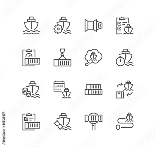 Set of logistics related icons, loading process, container, route, ship, container stacking and linear variety vectors.	

