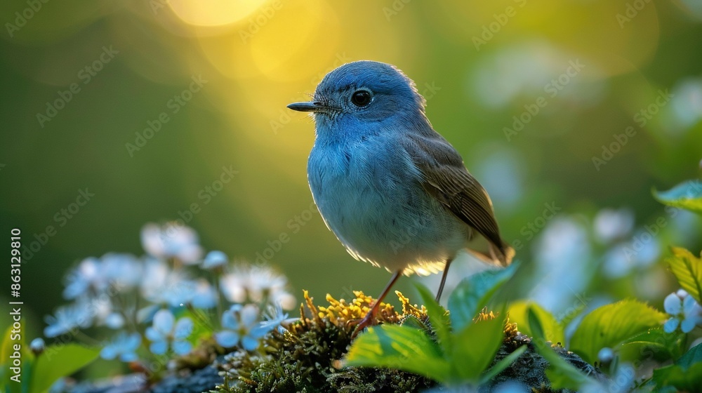 A bird perched on a mossy tree branch with white flowers nearby and green foliage in the background A bird perched on a mossy tree branch with white flowers nearby and green foliage in the background