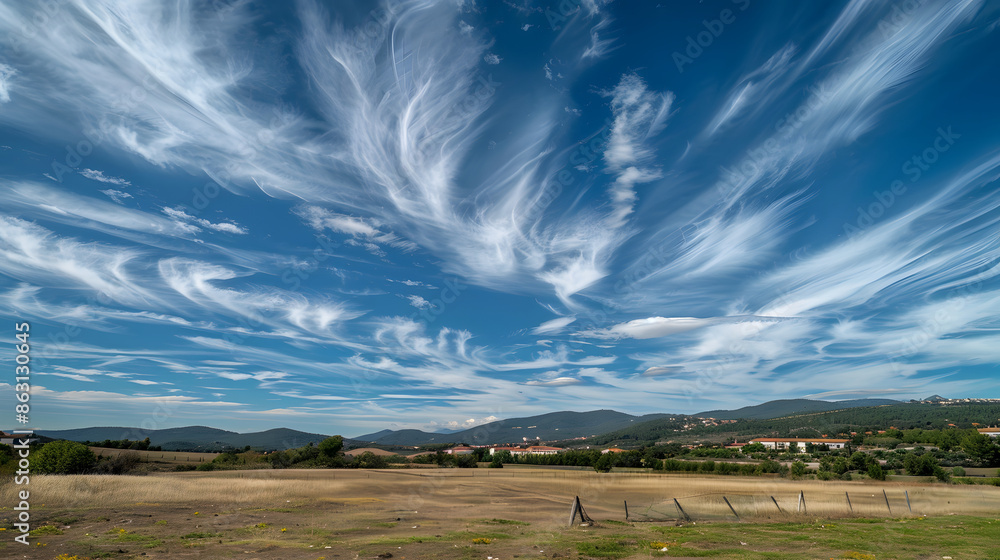 Obraz premium Expansive blue sky with wispy clouds over a serene rural landscape, showcasing natural beauty and tranquility.