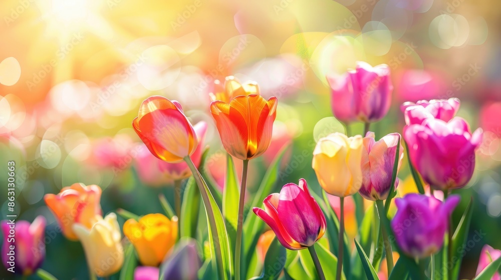 Vibrant Tulips in Full Bloom on a Bright Spring Day with a Blurry Background Vibrant Tulips in Full Bloom on a Bright Spring Day with a Blurry Background