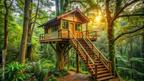 Tree house with wooden stairs nestled in lush forest, surrounded by natural landscape, tree house, stairs, forest, nature, lush © Sompong