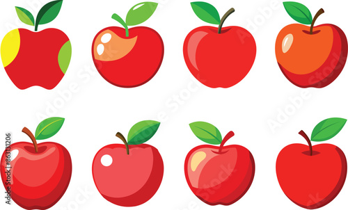 Fresh and ripe red apple fruits with green leaves and smooth shiny skin isolated on white background