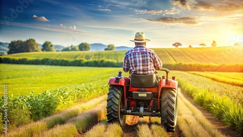 A farmer riding a mini tractor through a sunny field in summer, back view, with copy space, farmer, tractor, field photo