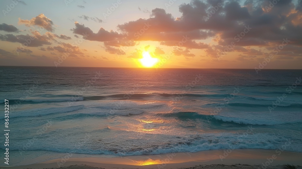 Tropical Beach Sunset in Cancun, Mexico - Golden Hour Scenic Ocean View Photo Tropical Beach Sunset in Cancun, Mexico - Golden Hour Scenic Ocean View Photo