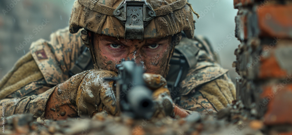 A soldier is crouching down and holding a gun