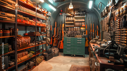 A well-organized hunting and survival bunker with shelves filled with gear, rifles, and ammunition