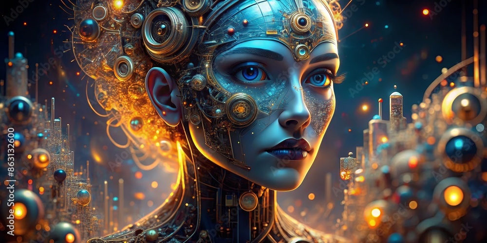 Cyborg Woman with Mechanical Head and Cityscape Background Cyborg Woman with Mechanical Head and Cityscape Background