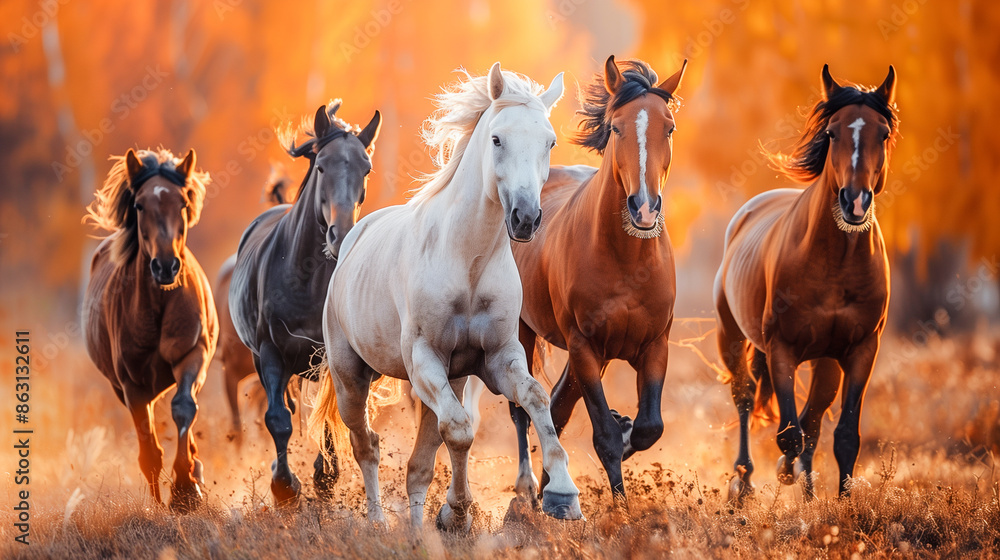 A group of horses run through a field of golden grass and fallen leaves, illuminated by the warm glow of the setting sun A group of horses run through a field of golden grass and fallen leaves, illuminated by the warm glow of the setting sun